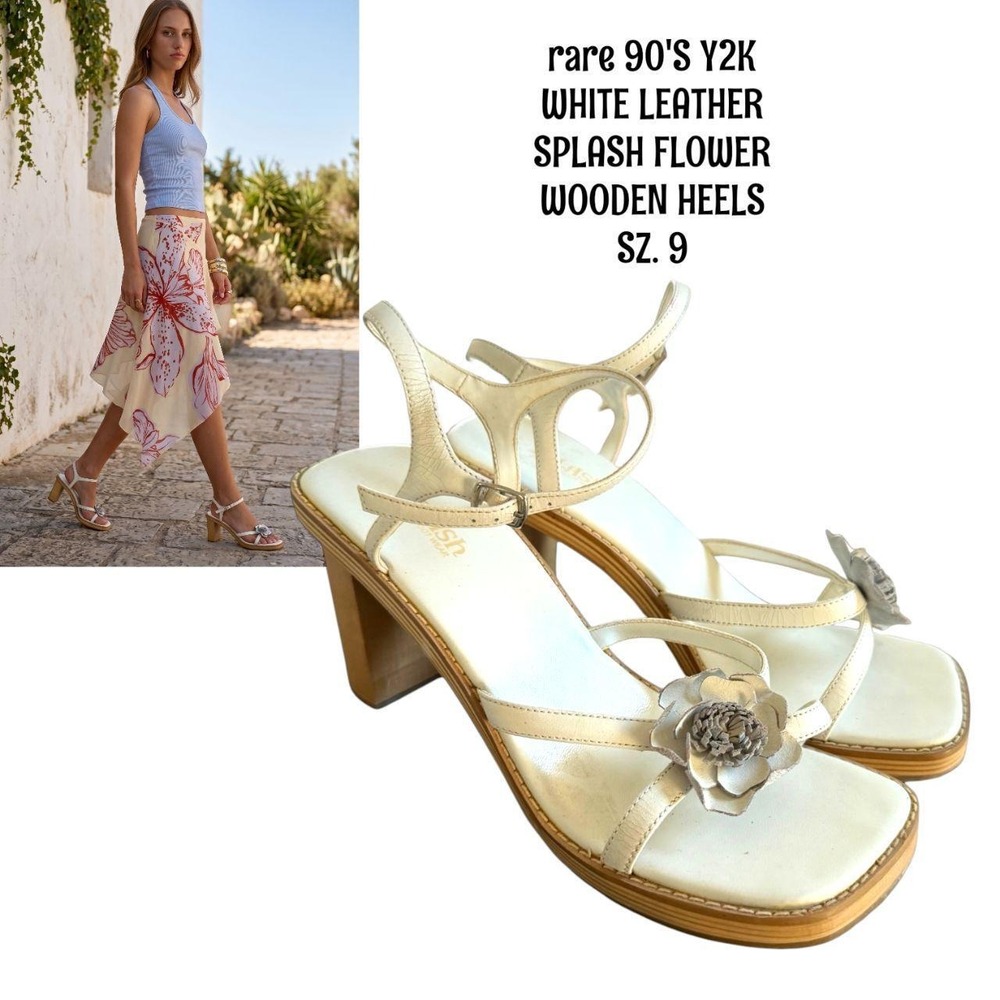 RARE VINTAGE‎ Y2K SPLASH WHITE LEATHER FLOWER WOODEN  HEELS 9